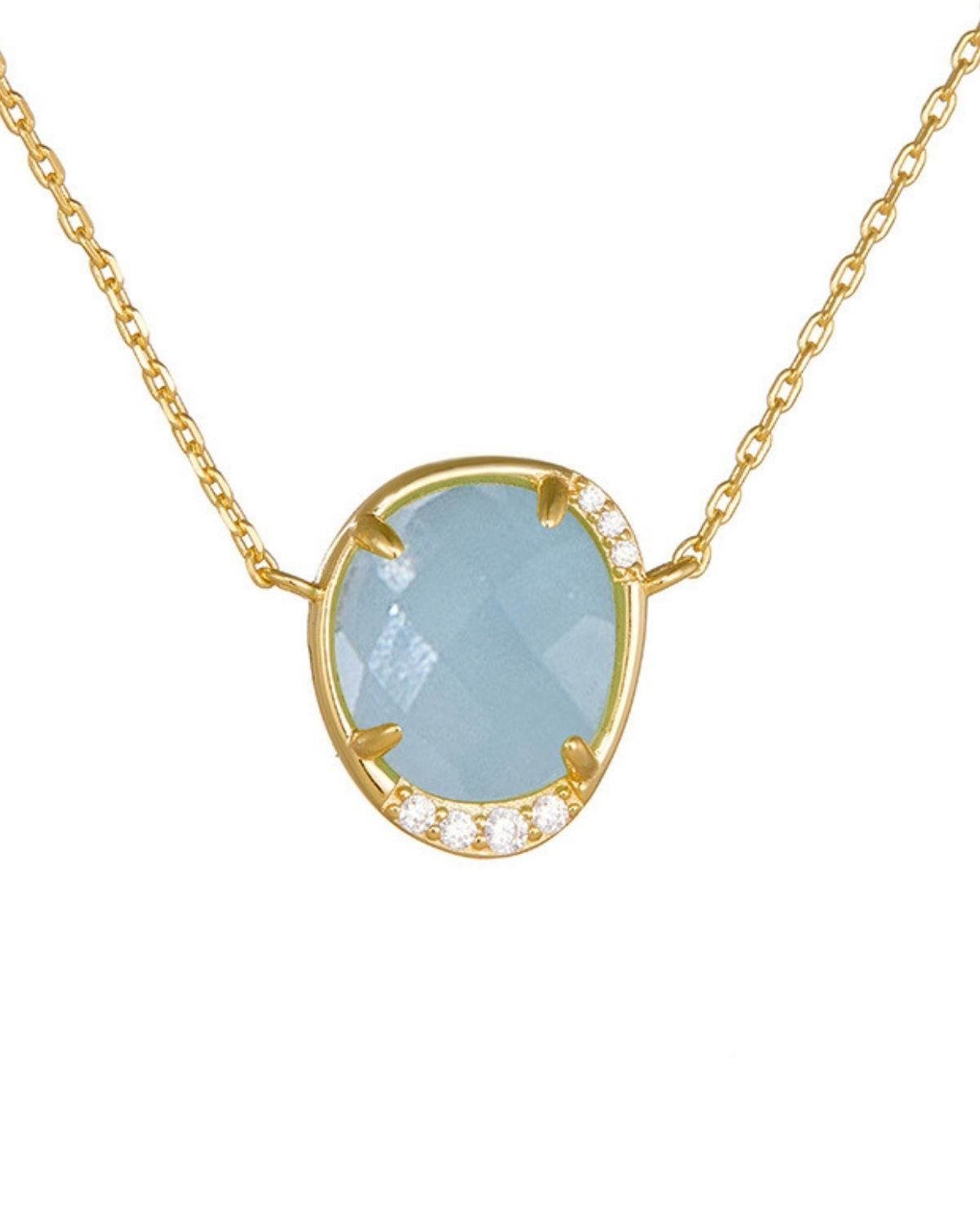 Oval blue stone halo pendant necklace for women